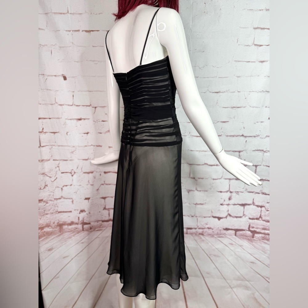 BELSOIE 4 Black Chiffon Sheer Panels Overlay Midi Evening Cocktail Dress Size 4 - Picture 4 of 15